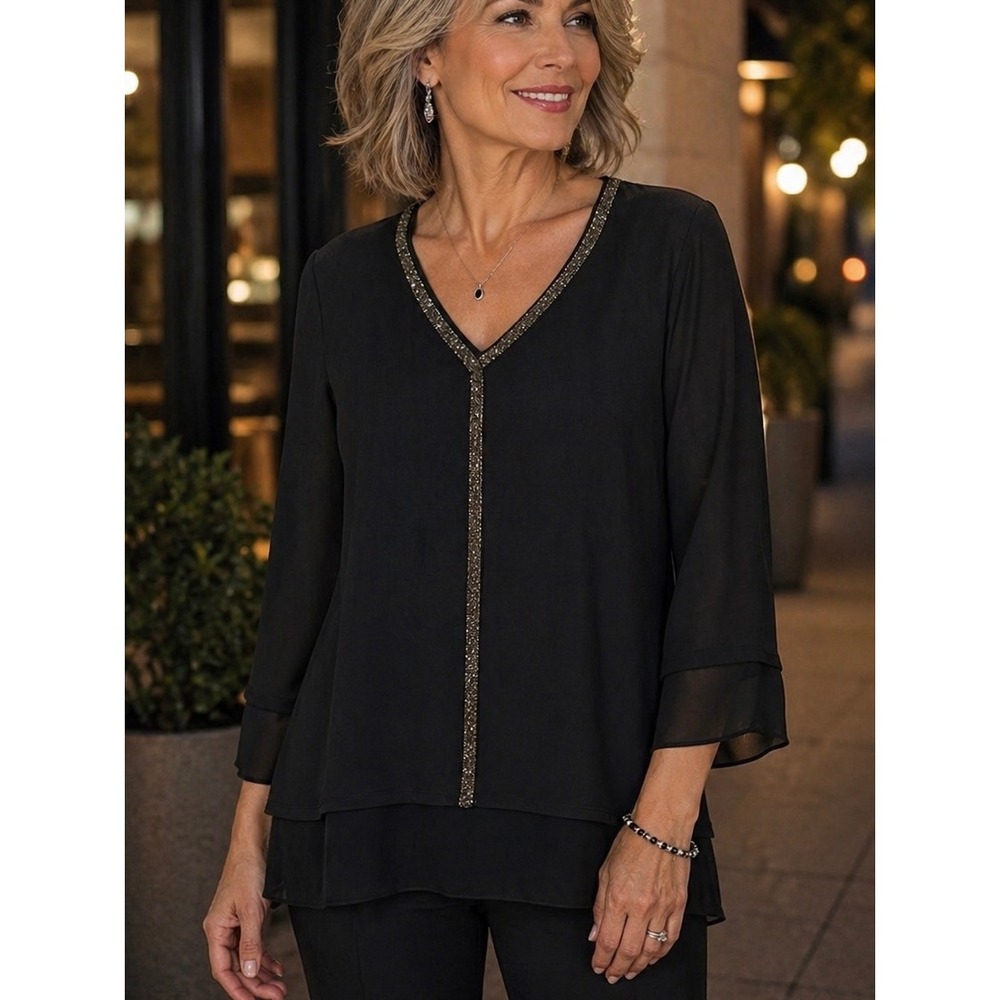 Soft Surroundings Womens Tunic Top Black Large Beaded Party Evening Glam Holiday